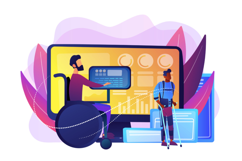 Handicapped man in wheelchair. Injured character rehabilitation. Assistive technology, devices for disabled people, adopted technologies concept. Bright vibrant violet vector isolated illustration