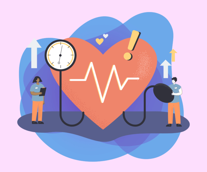 Control of tiny doctors high blood pressure on medical checkup. People with tonometer checking patients risk of hypertension flat vector illustration. Cardiology, cardiovascular disease concept