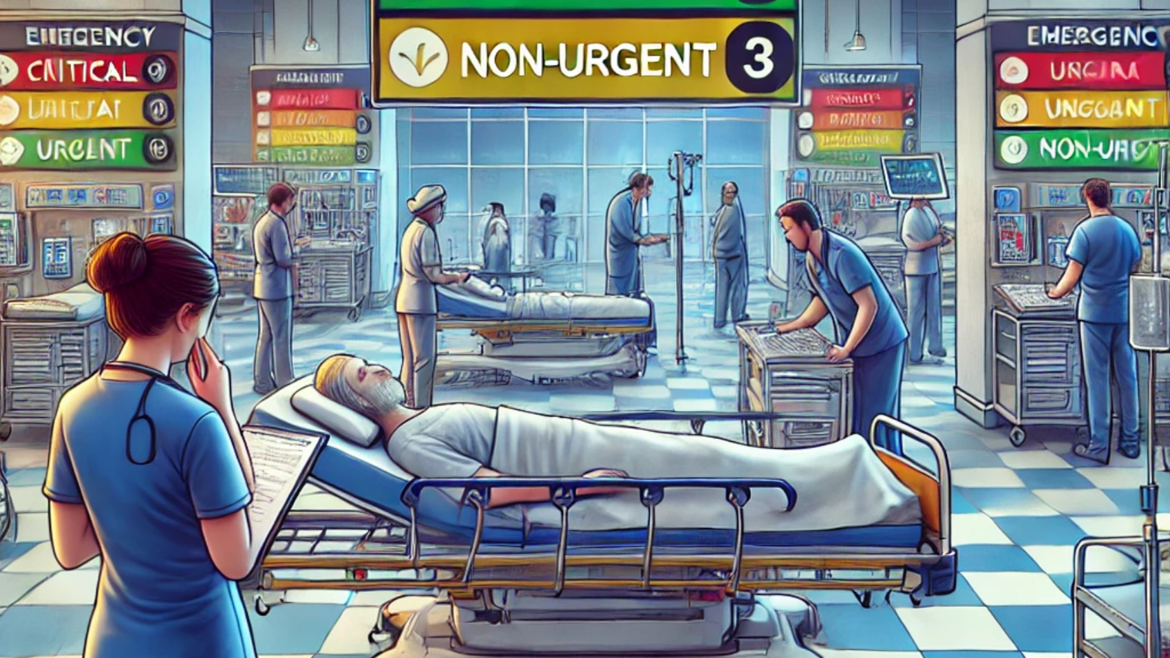 DALL·E 2024-10-17 15.48.17 - An illustration of emergency room triage protocols. The scene shows a busy emergency room with a nurse assessing a patient using a triage chart. In th