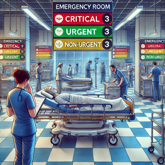 DALL·E 2024-10-17 15.48.17 - An illustration of emergency room triage protocols. The scene shows a busy emergency room with a nurse assessing a patient using a triage chart. In th
