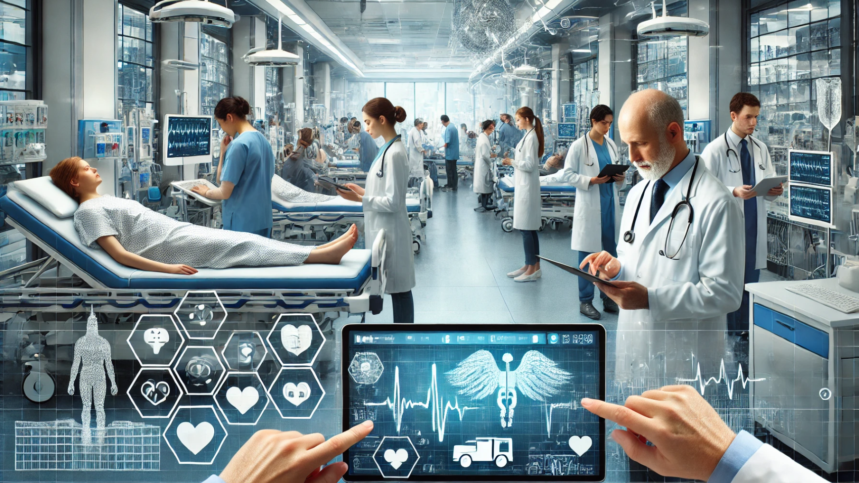DALL·E 2024-11-14 15.30.25 - A busy hospital emergency department with doctors, nurses, and patients in a modern setting. The scene shows healthcare professionals using digital ta